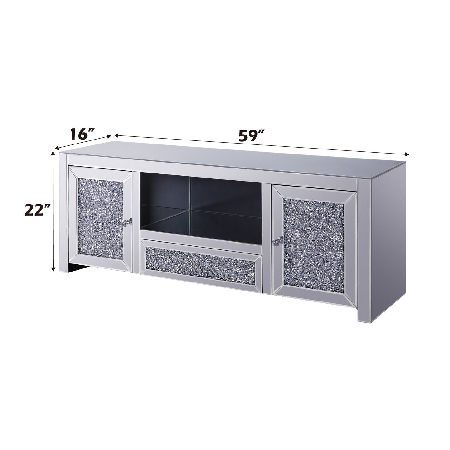Mirrored Faux Diamonds TV Stand - Assembled, Silver Finish
