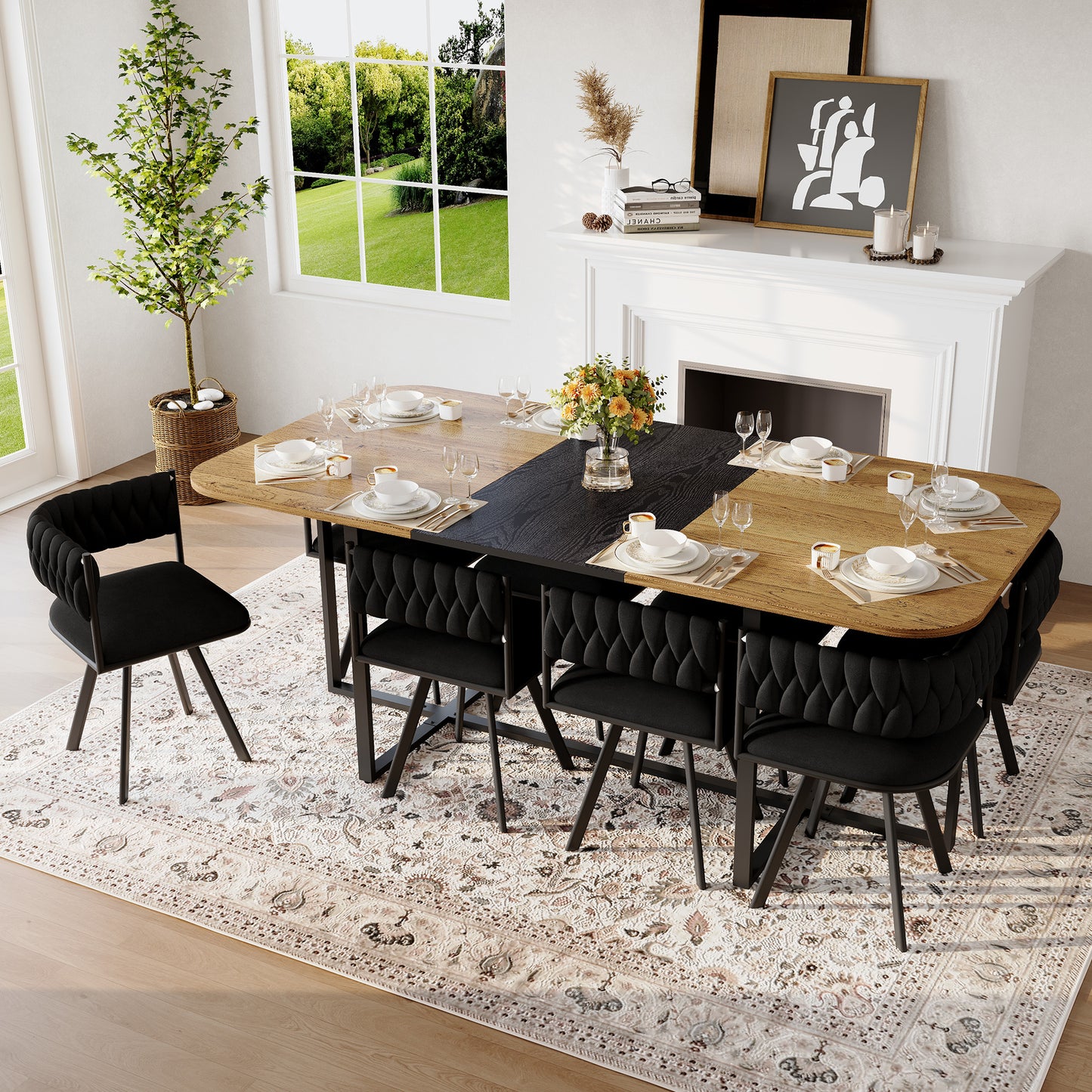 9-Piece Square Dining Table Set, Fixed Two-Tone Wood Grain & Black