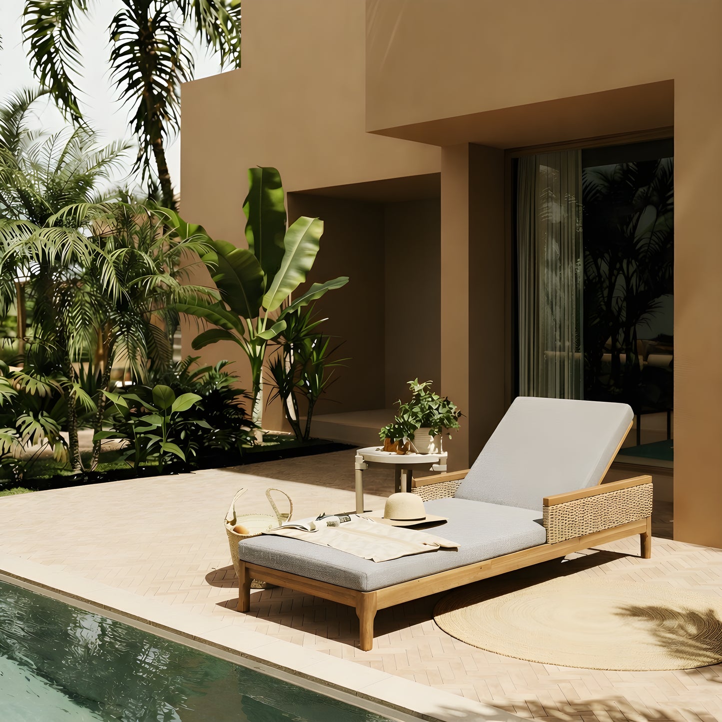 Acacia Wood Sun Chaise Lounger with Grey Cushions - 76.8"