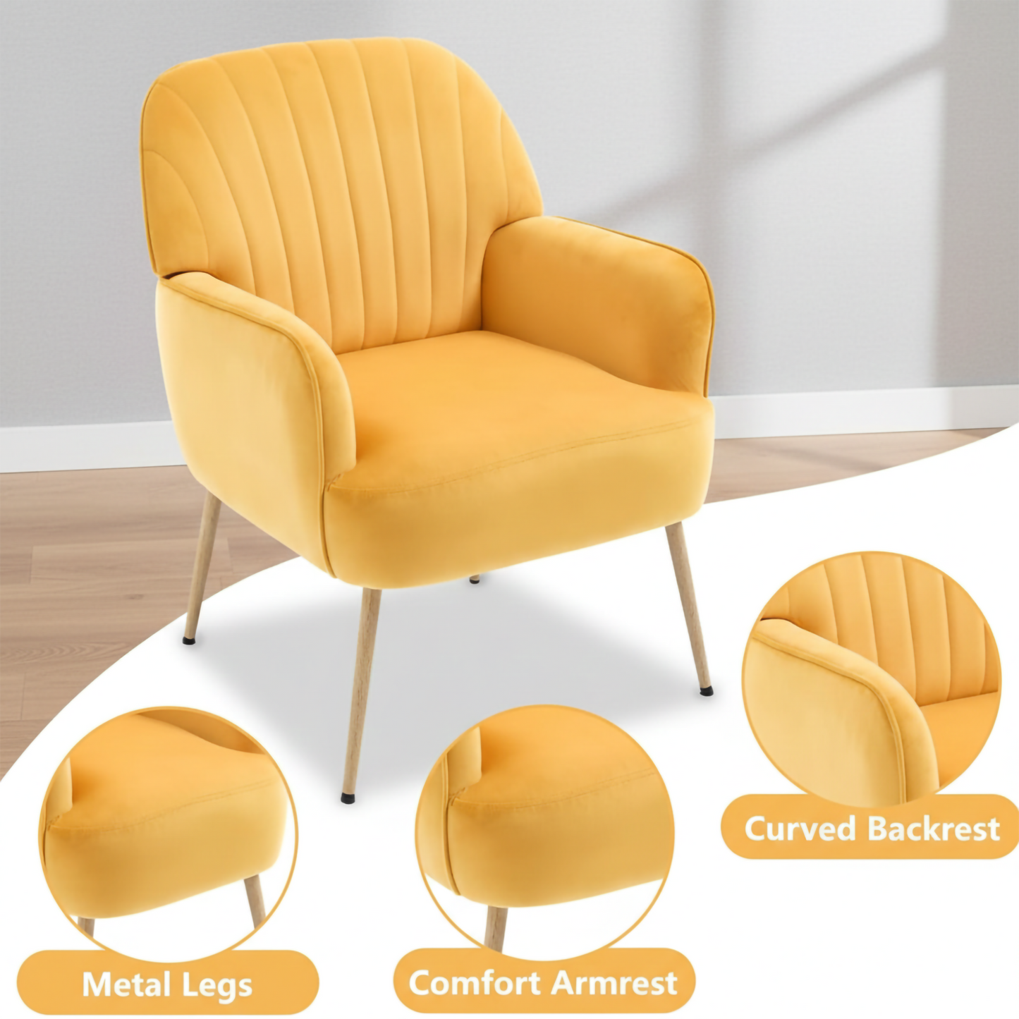 Yellow Velvet Accent Chair - Modern Upholstered Barrel Armchair