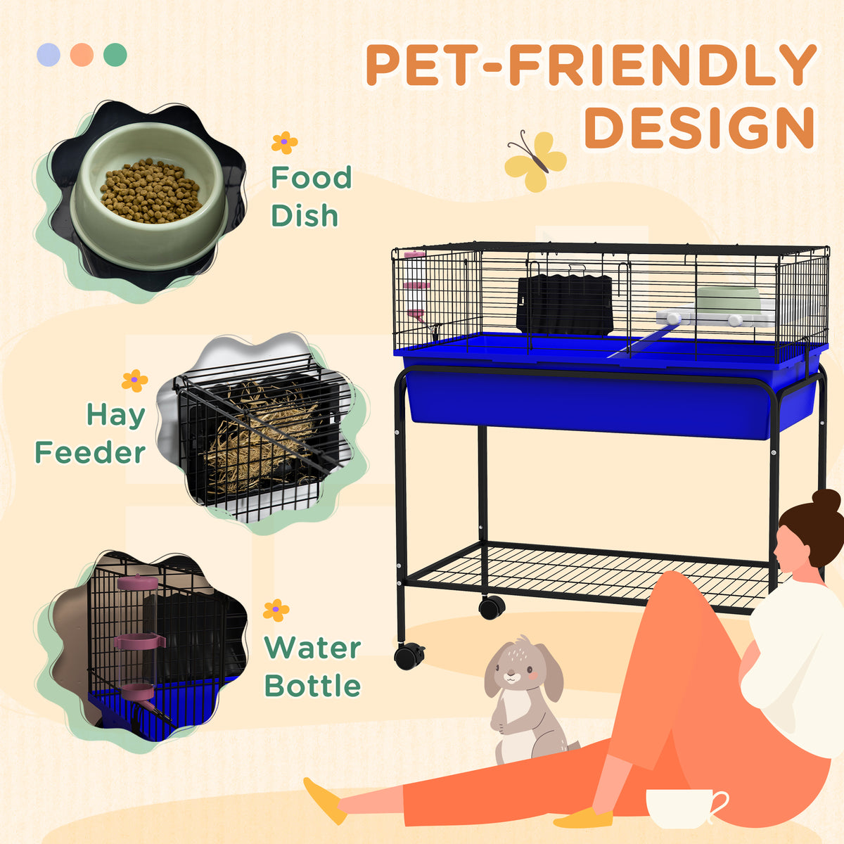 Small Animal Cage with Removable Stand & Wheels - 33 x 18.5 x 35 inch Blue Pet Habitat