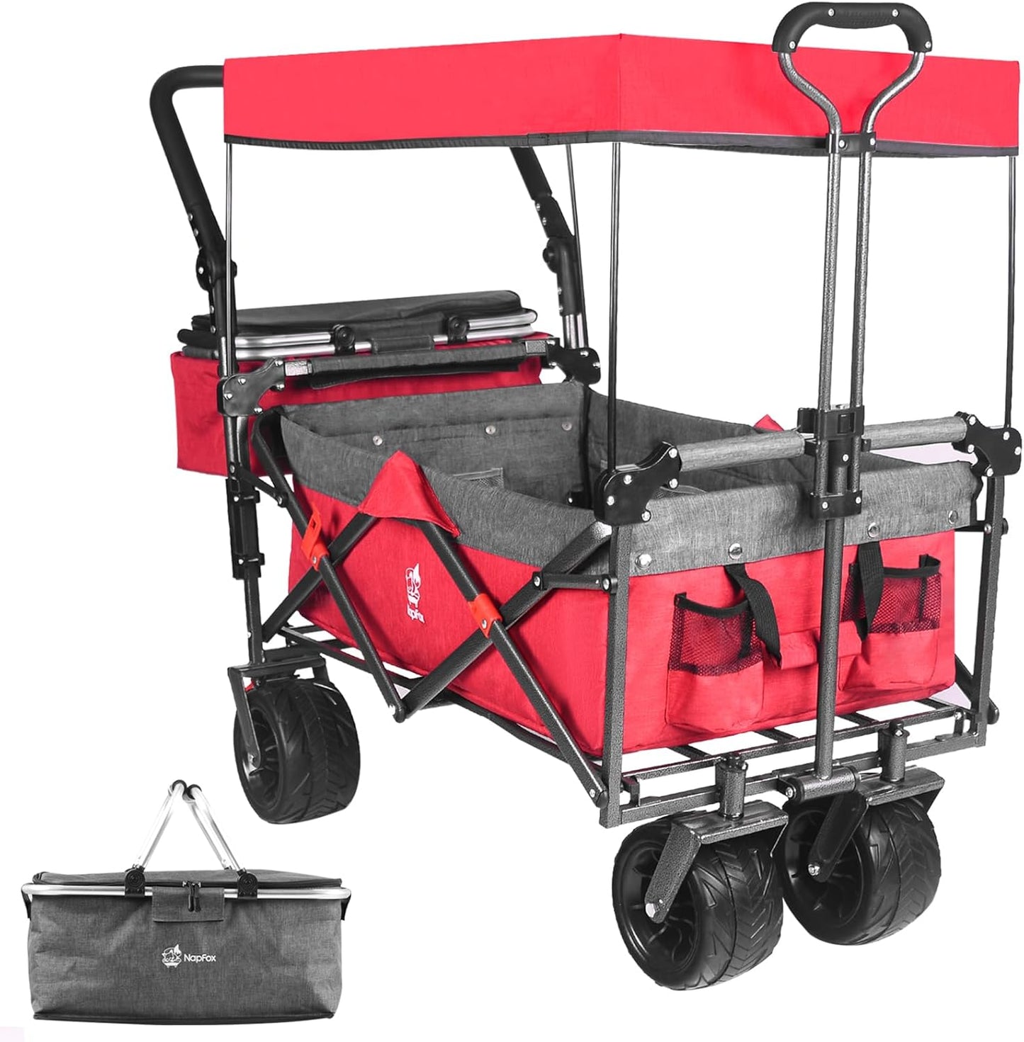 Collapsible Folding Wagon with Canopy & Cooler Bag - Red & Gray