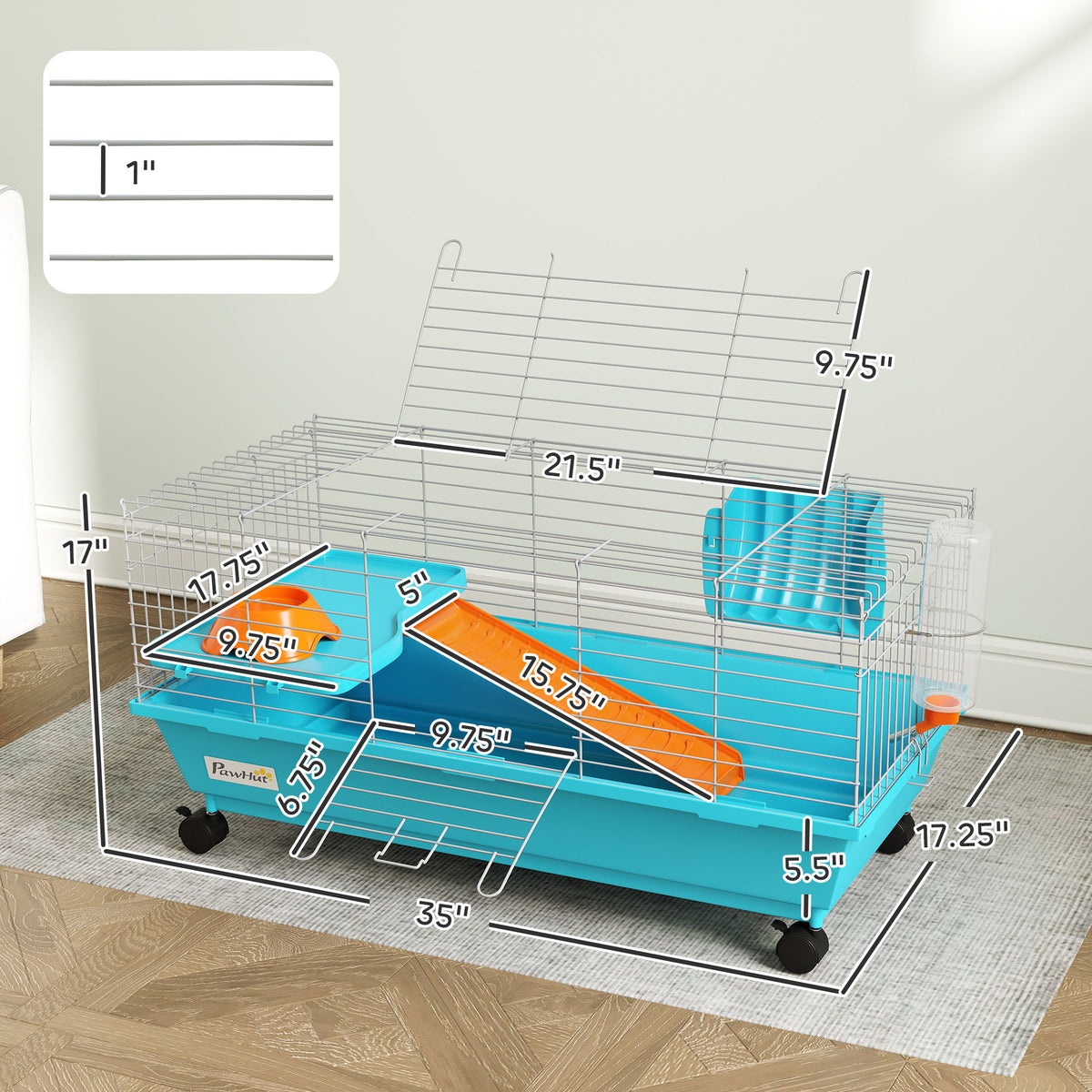Small Animal Cage with Wheels, Food Dish, Water Bottle & Hay Feeder - Blue, 35 Inches