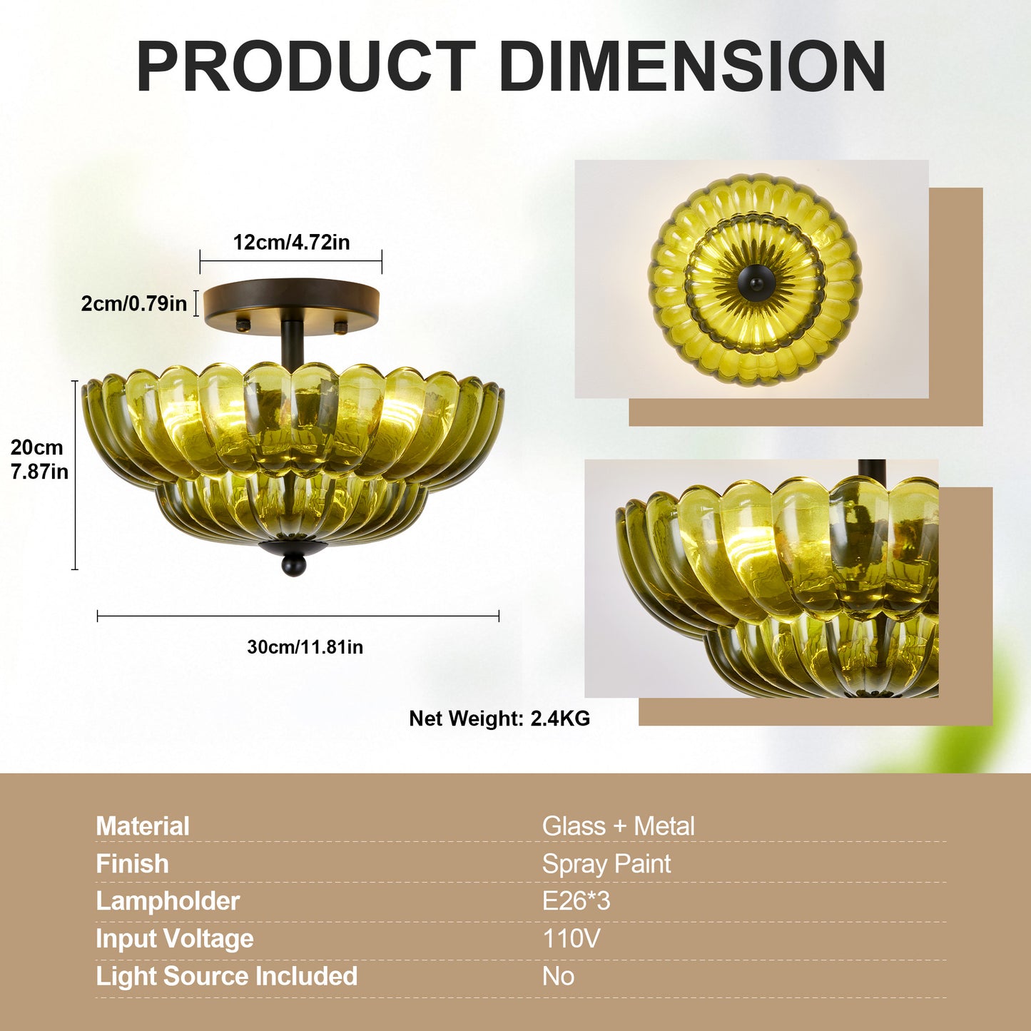 Green Glass Semi Flush Mount Ceiling Light - 3-Bulb Modern Fixture for Living Room & Bedroom