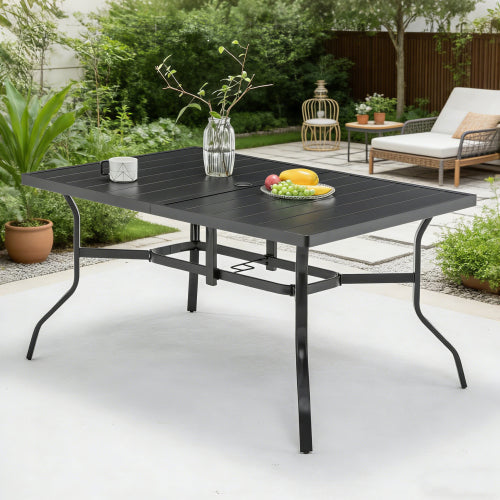 Outdoor Dining Table For 6, Powder-Coated Steel Slat Top With 2.16in