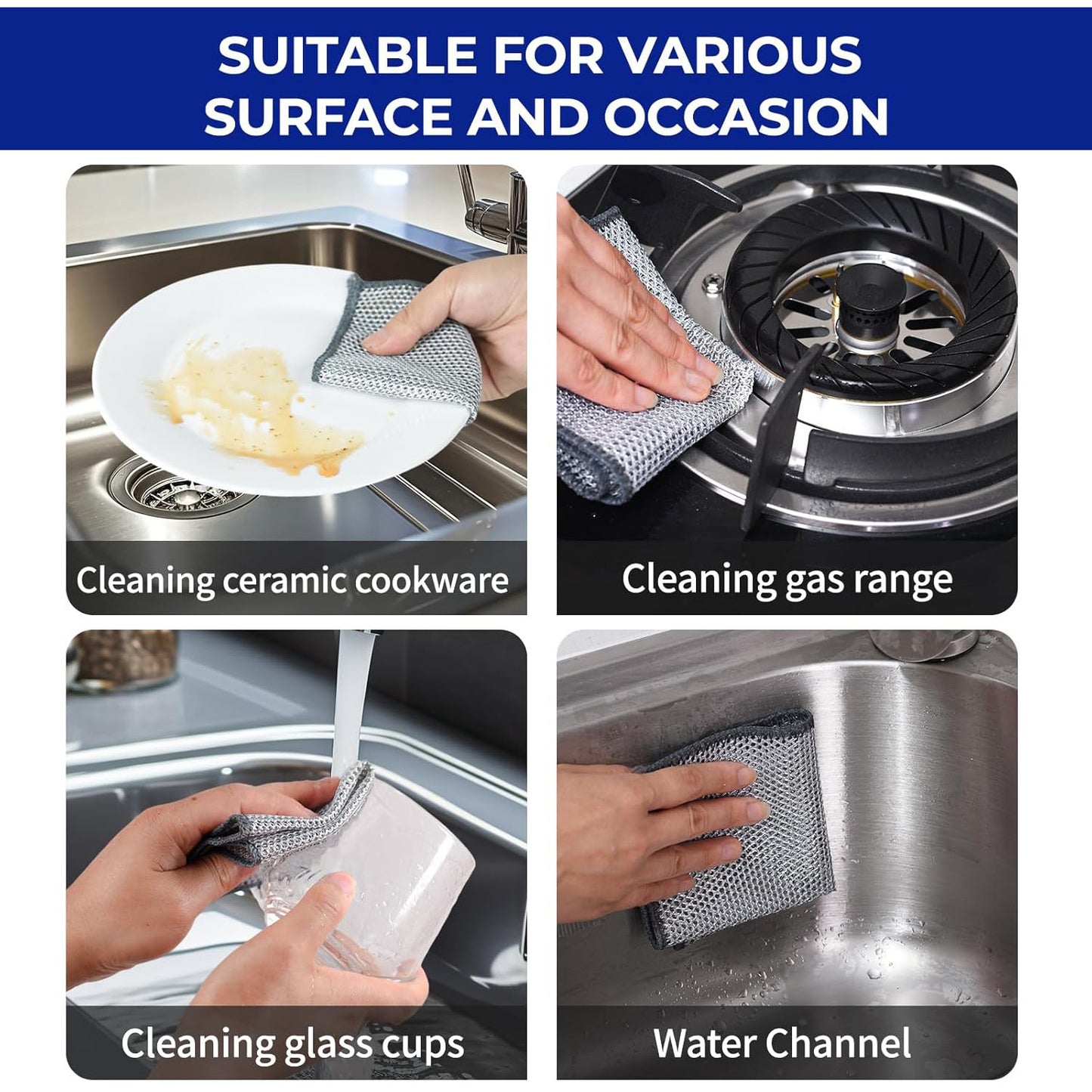 Double-Sided Kitchen Oilproof Cleaning Scouring Pad - Microfiber, 20x20cm, Multi-Pack