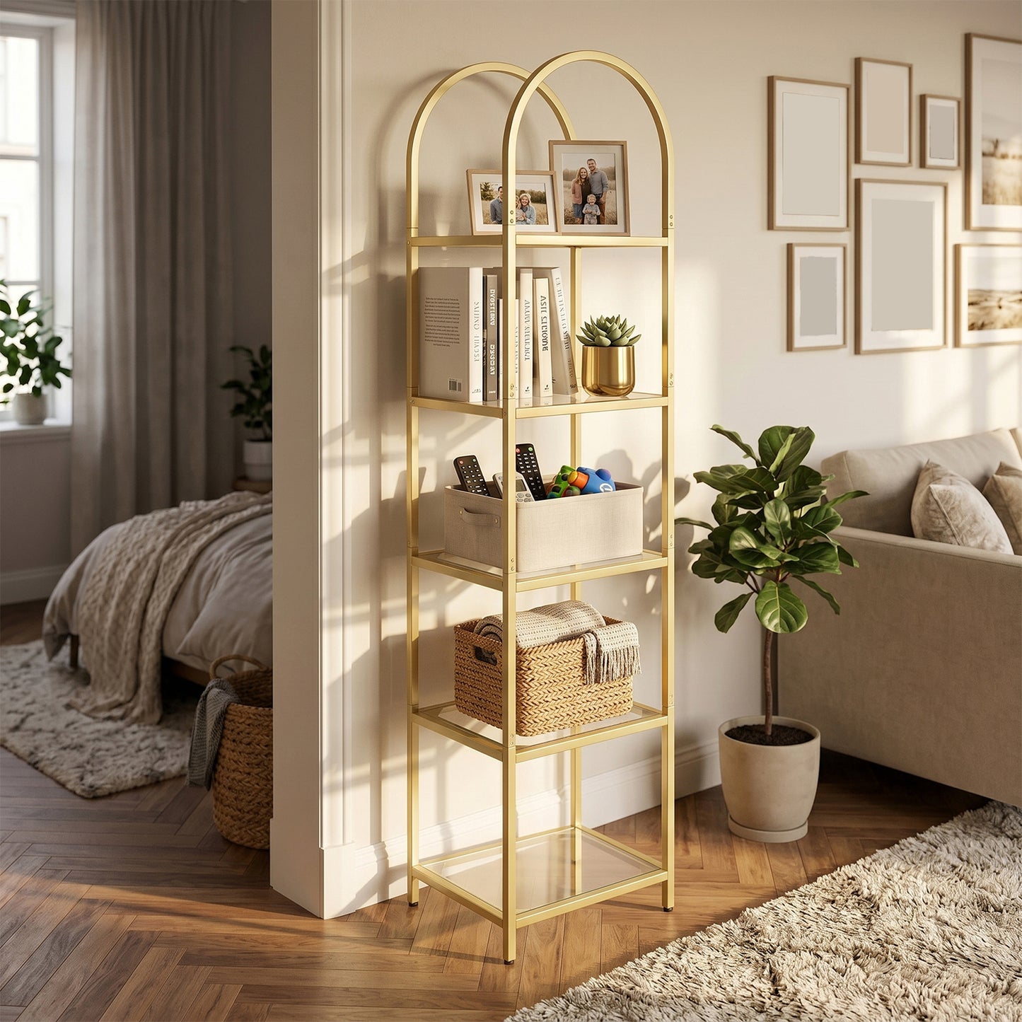Gold 5-Tier Open Bookshelf - Modern Metal & Tempered Glass