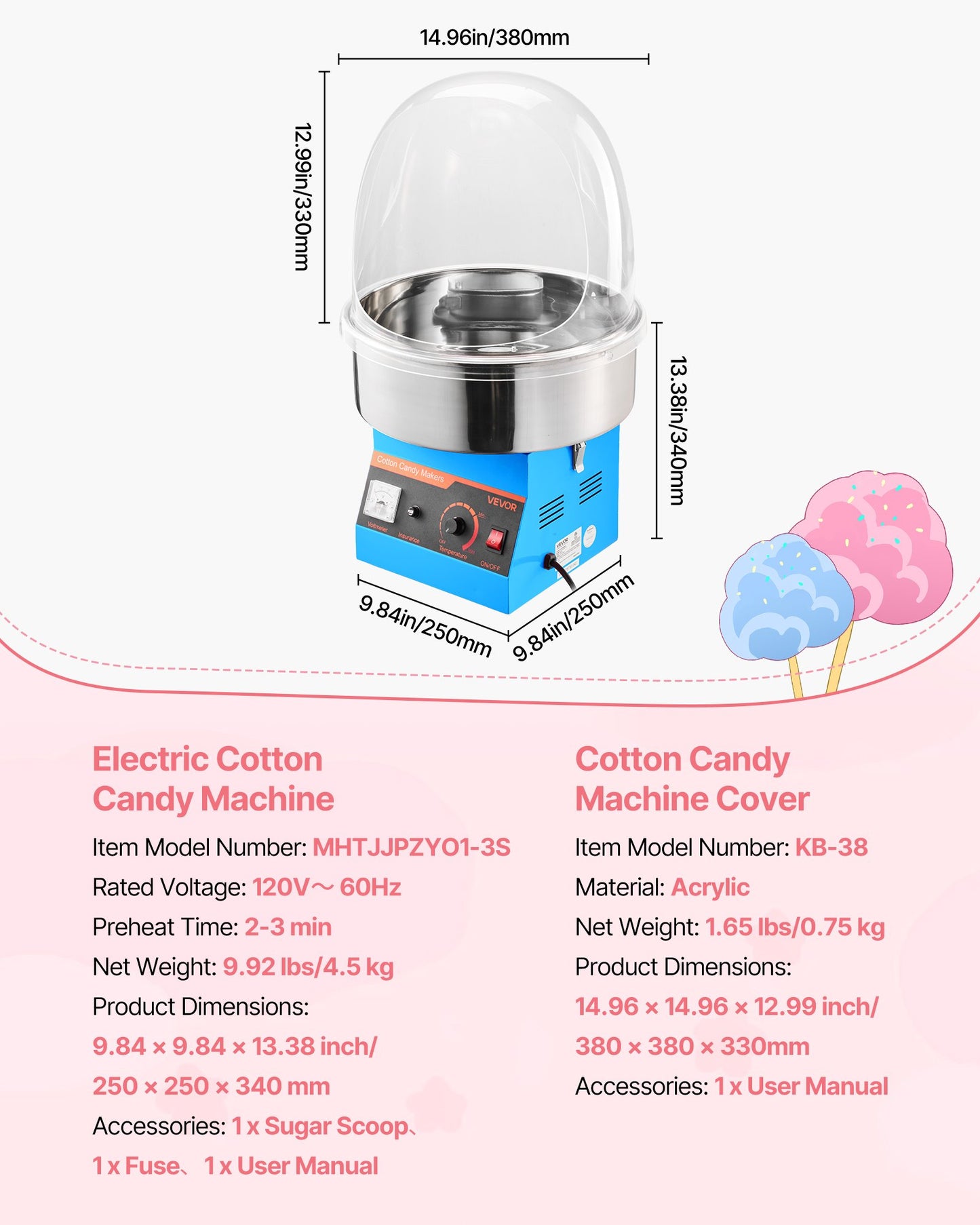 Electric Cotton Candy Machine 1000W Commercial Floss Maker with Cover & Stainless Steel Bowl