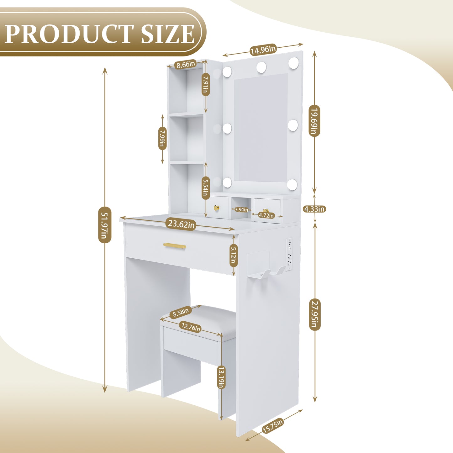 Vanity Table With Mirror & Adjustable LED Lights, Power Outlet,
