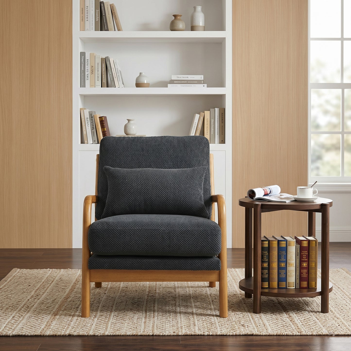 Mid-Century Modern Wooden Lounge Chair - Dark Gray Fabric