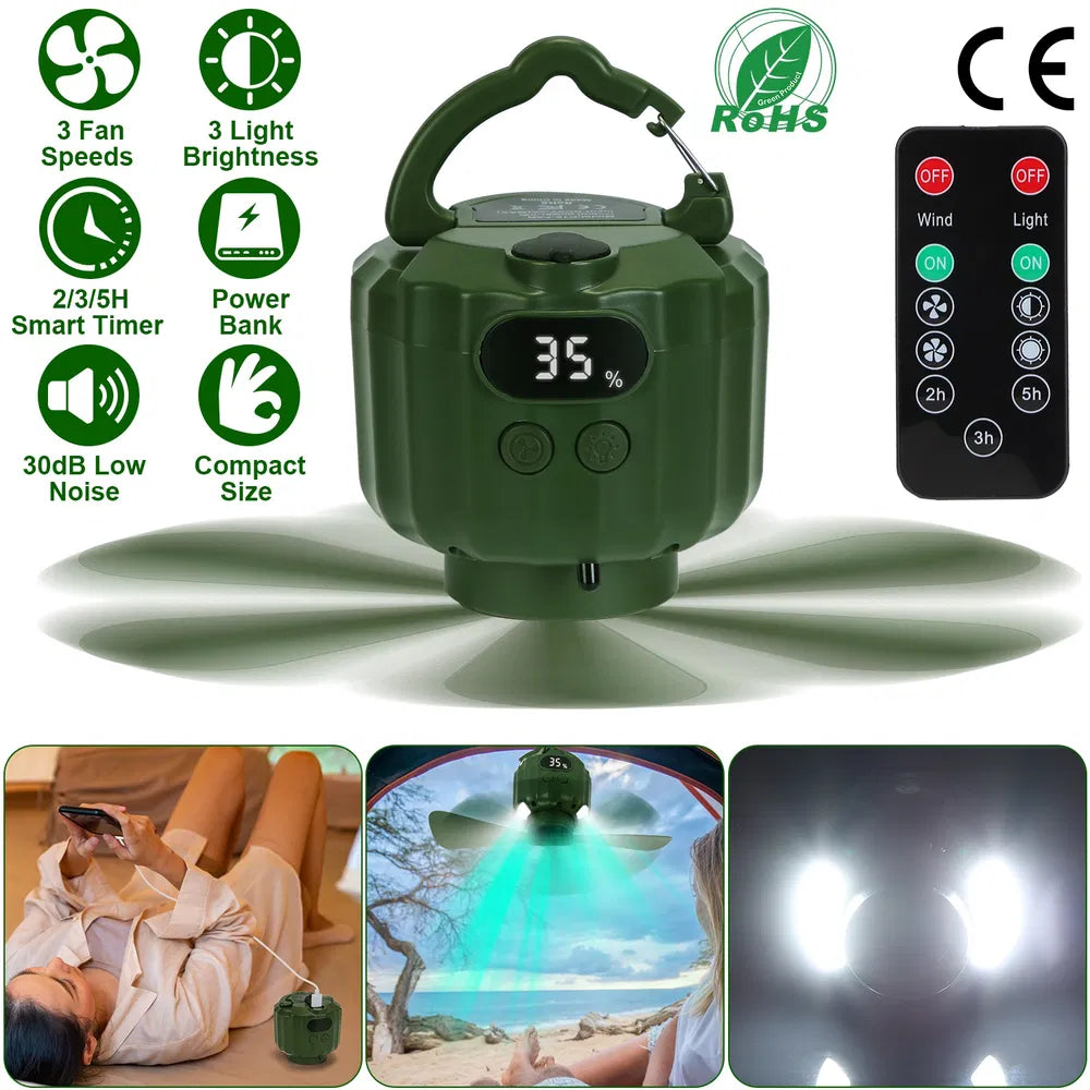 Portable Ceiling LED Fan with Power Bank & Remote Control - Smart Camping Light
