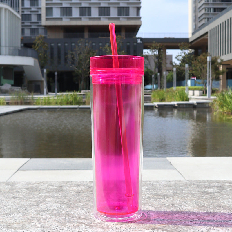 Large Capacity Double-Layer Drinkware Cup with Straw - Multiple Colors & 710ml