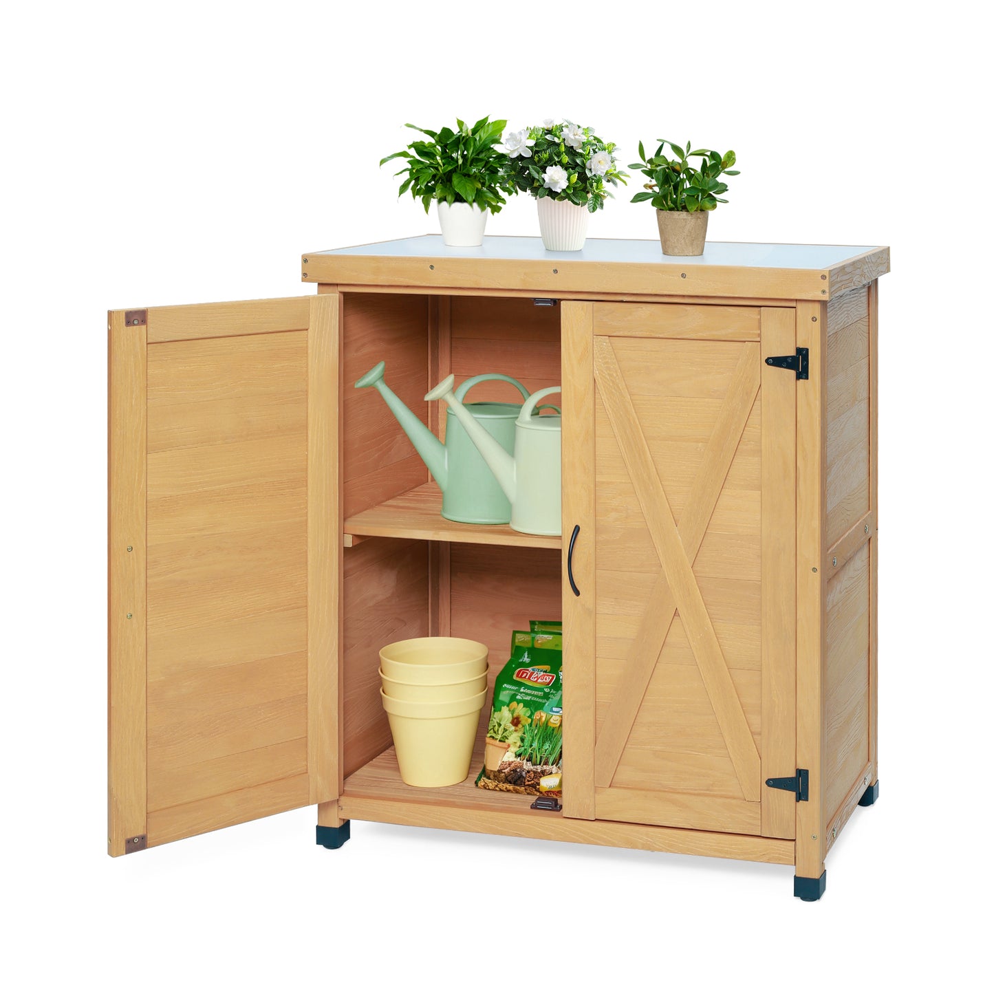 Potting Bench With Storage Cabinet And Metal Table Top For Outdoor