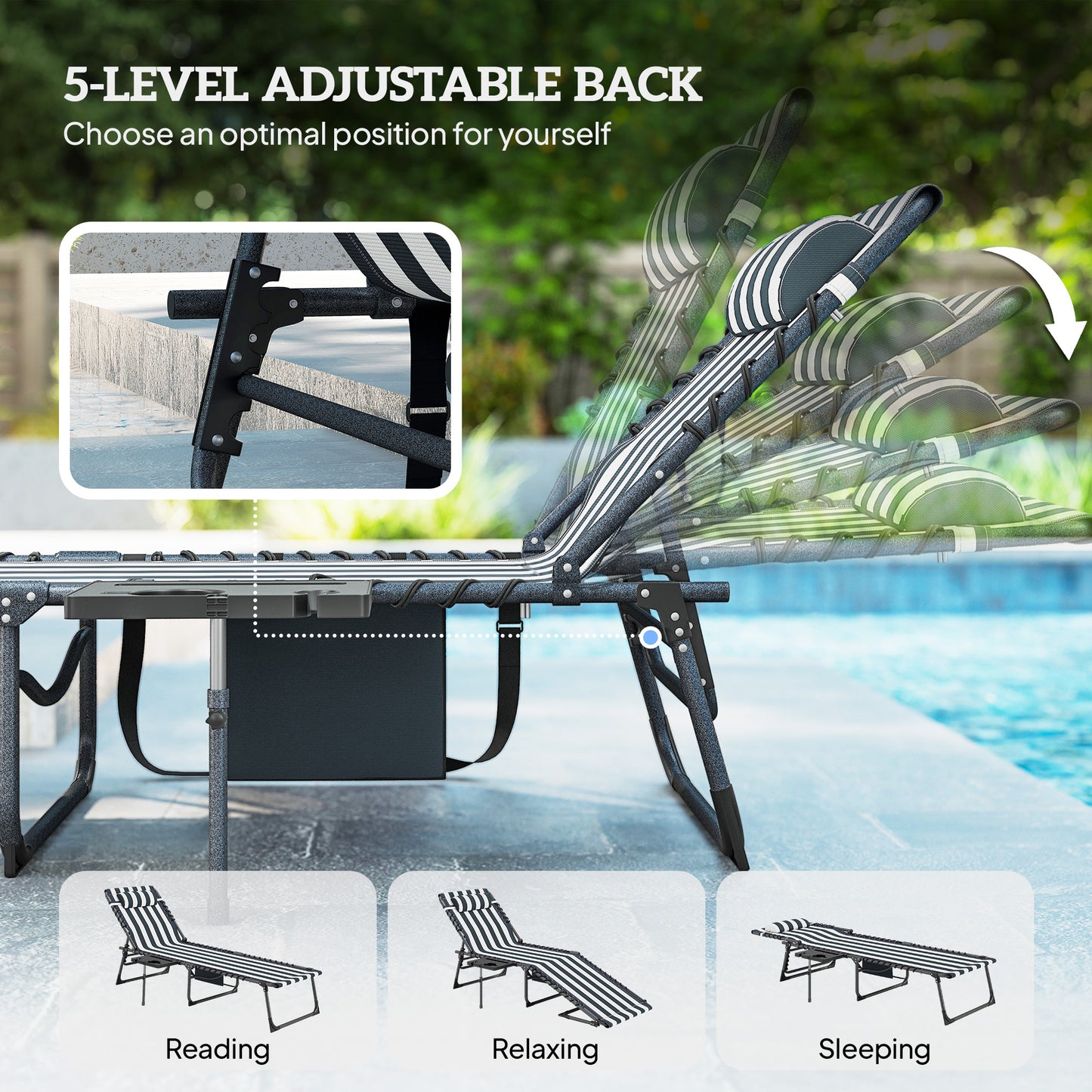 Folding Outdoor Chaise Lounge Chair with Adjustable Back & Side Table - Blue & White