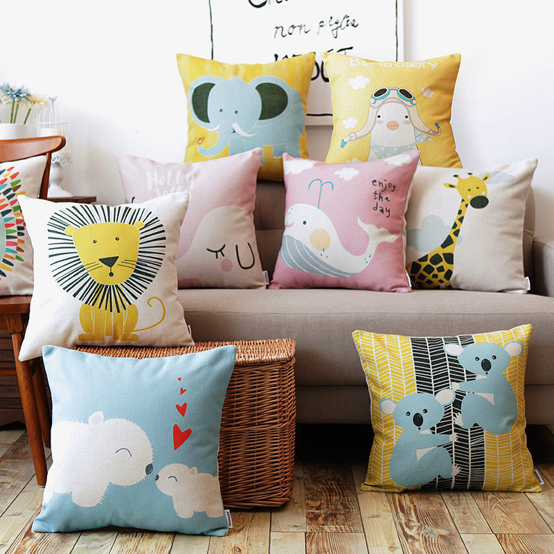 Cute Cotton and Linen Throw Pillow Cover | Childrens Animal Design Cushion
