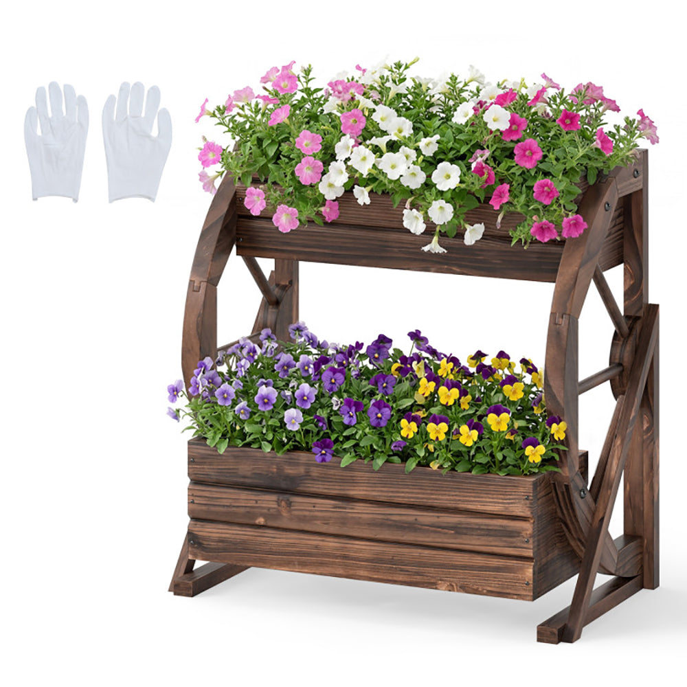 2-Tier Rustic Wooden Garden Bed with Drainage Holes - Coffee