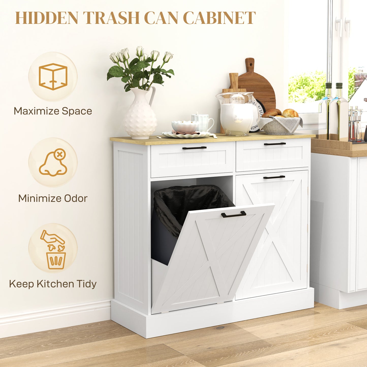 Farmhouse Kitchen Cabinet with Hidden Trash Can & 2 Drawers - White