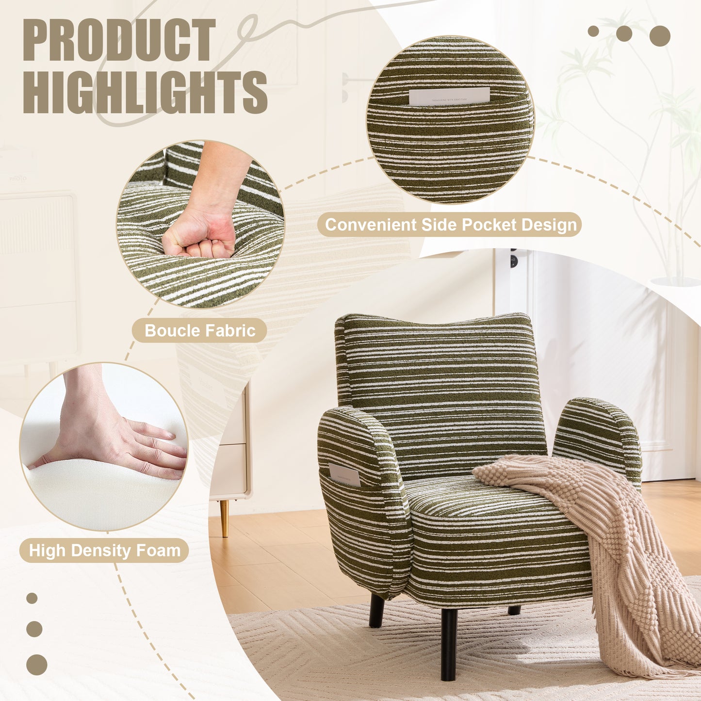 Modern Armchair with Side Pocket - Olive Green Reading Chair