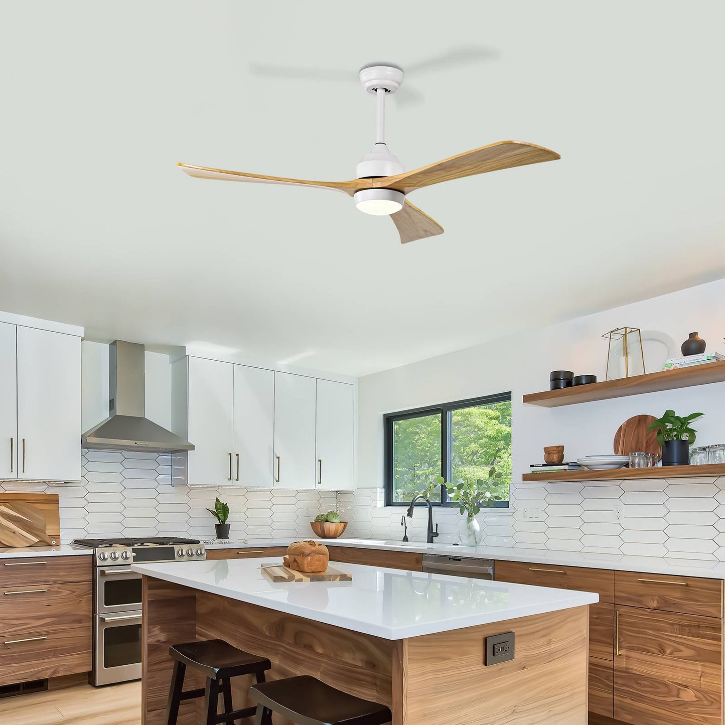 52" Solid Wood Ceiling Fan with Lights & Remote - Matte White Natural