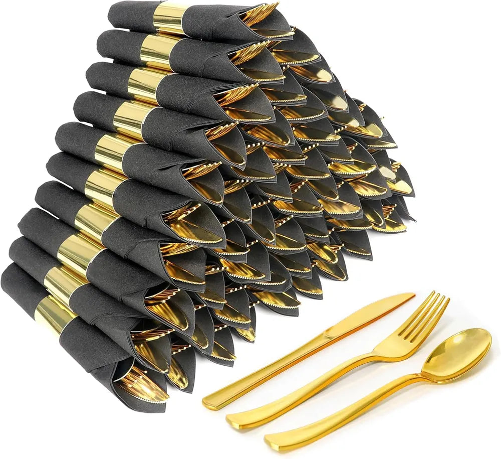 50 Pack Rose Gold Plastic Cutlery Set with Black Napkins - Wrapped