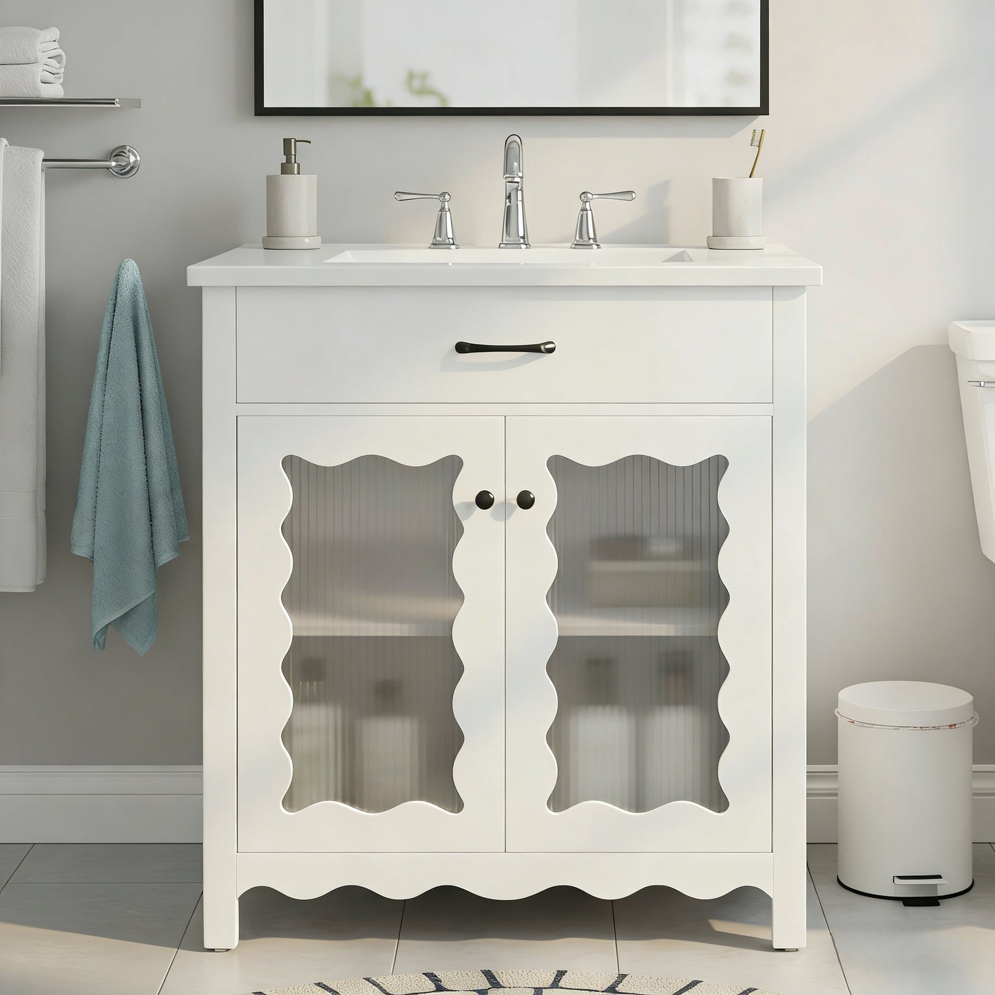 30-Inch Modern Bathroom Vanity with Tempered Glass & Soft Close Doors - White