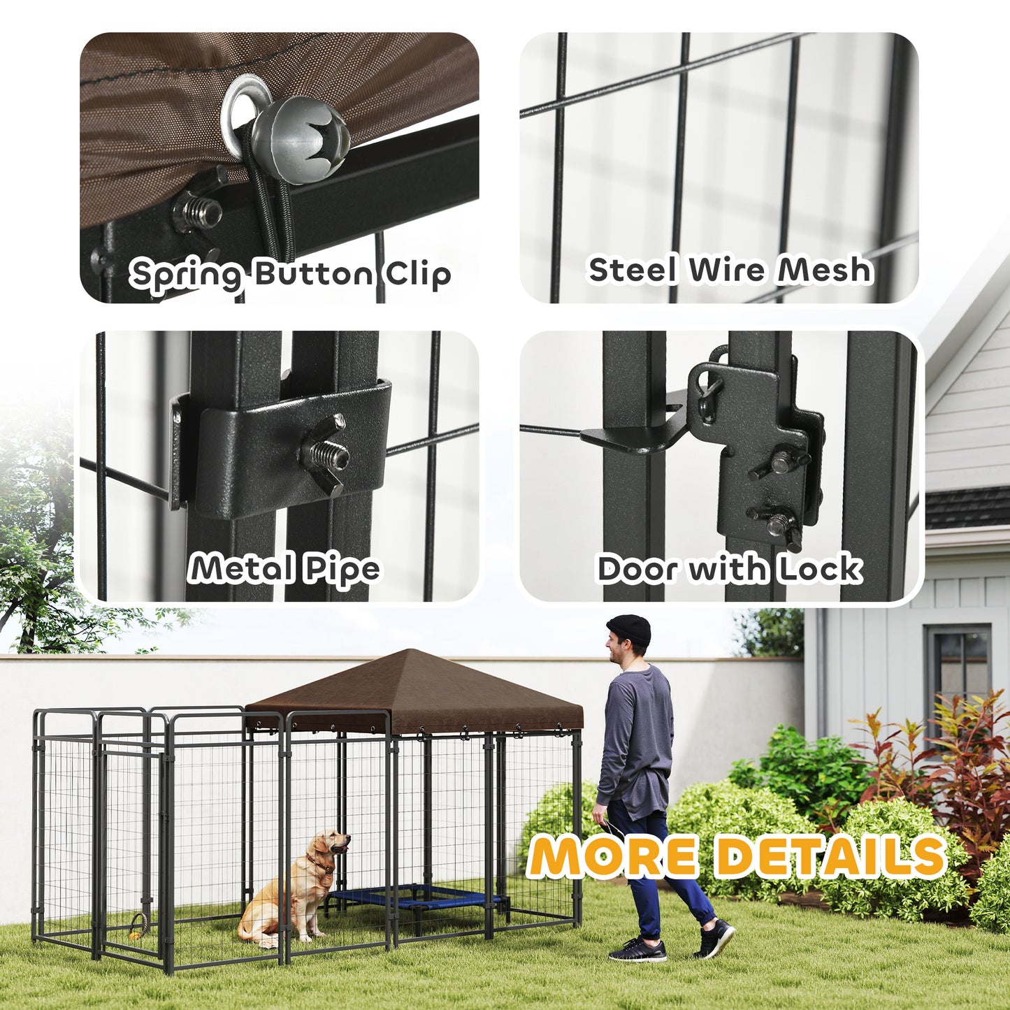 Outdoor Dog Kennel with Waterproof Canopy, Large & Medium Breeds, Secure Lock