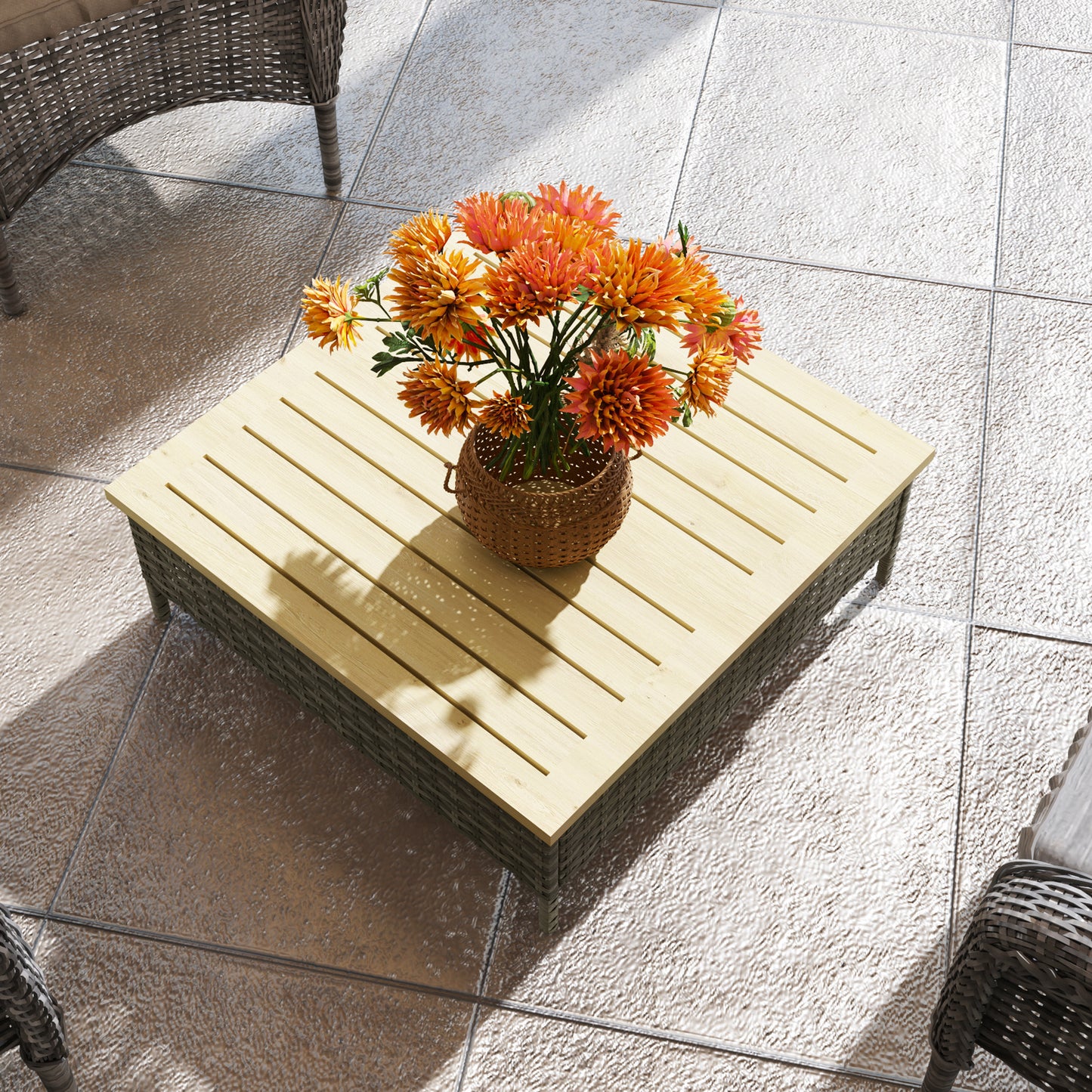 Outdoor Side Table with Gray PE Rattan & Fir Wood Top