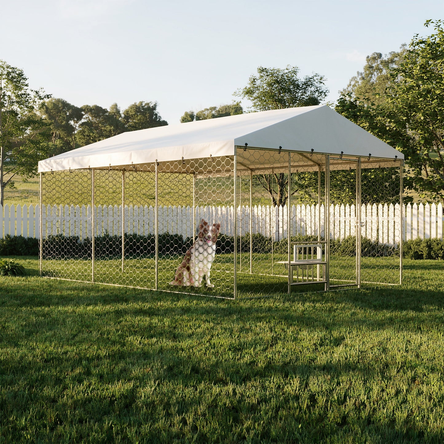 Large Outdoor Dog Kennel with Canopy, Galvanized Steel Frame, Waterproof Cover & Elevated Feeders