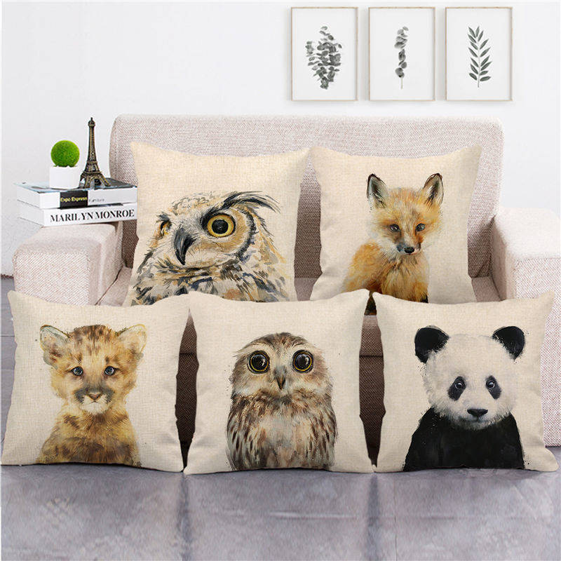 Cute Owl Print Linen Pillowcase - 45x45cm Pastoral Cartoon Decor