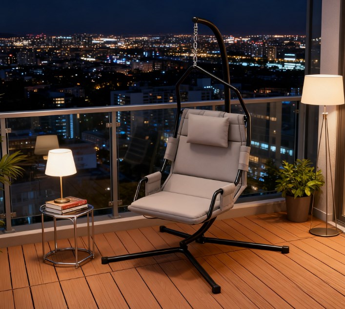 Hanging Swing Chair with Stand and Cushion - Black & Grey