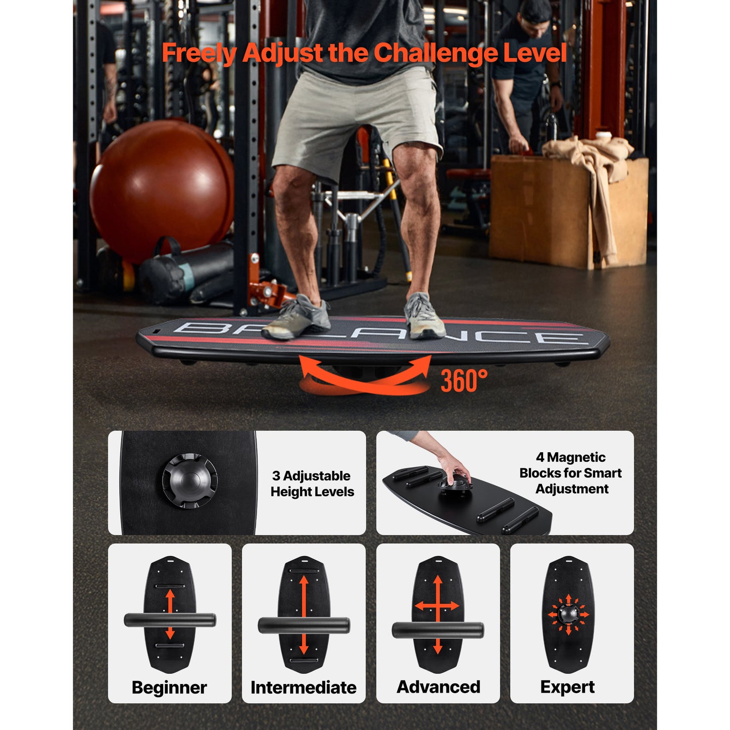 Adjustable Balance Board for Core Workouts with Roller & Storage Rack - Wooden Balance Trainer