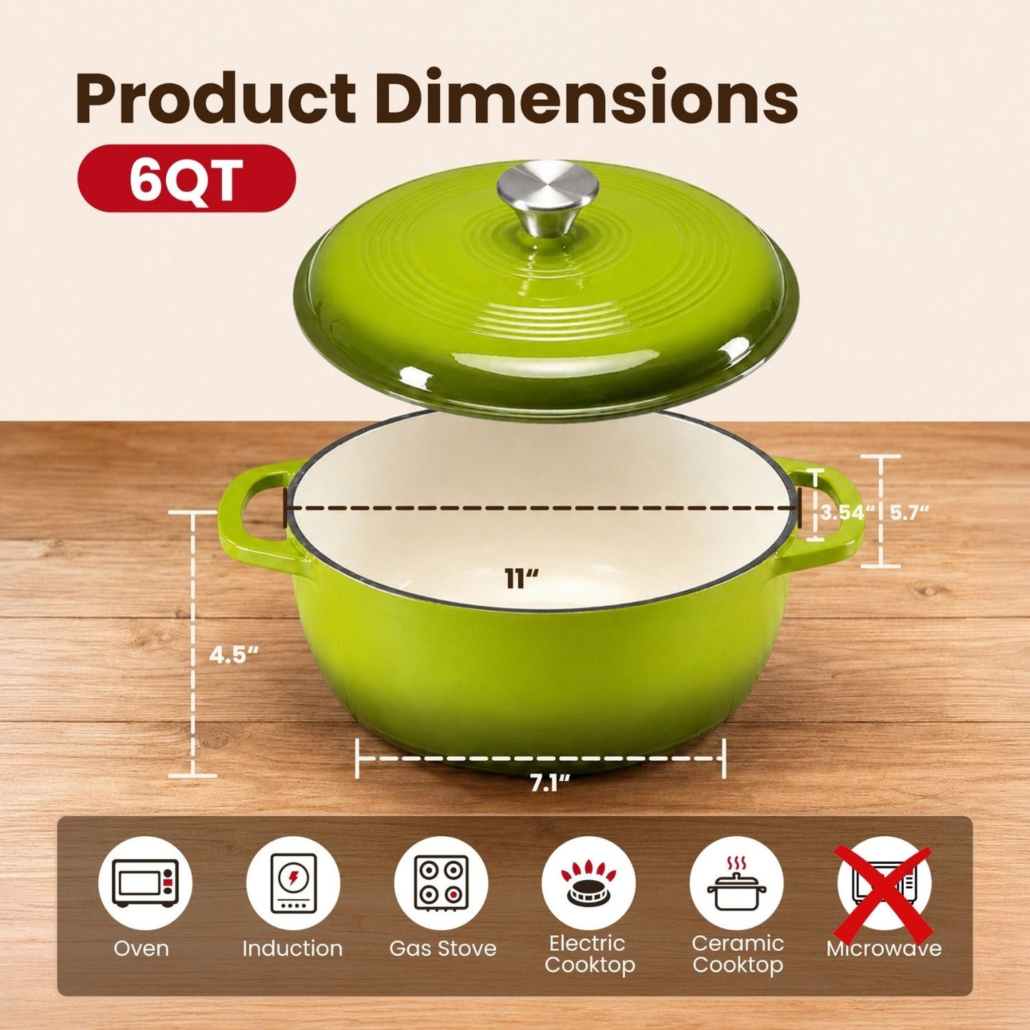 6 Quart Enameled Cast Iron Dutch Oven with Moisture-Sealing Lid