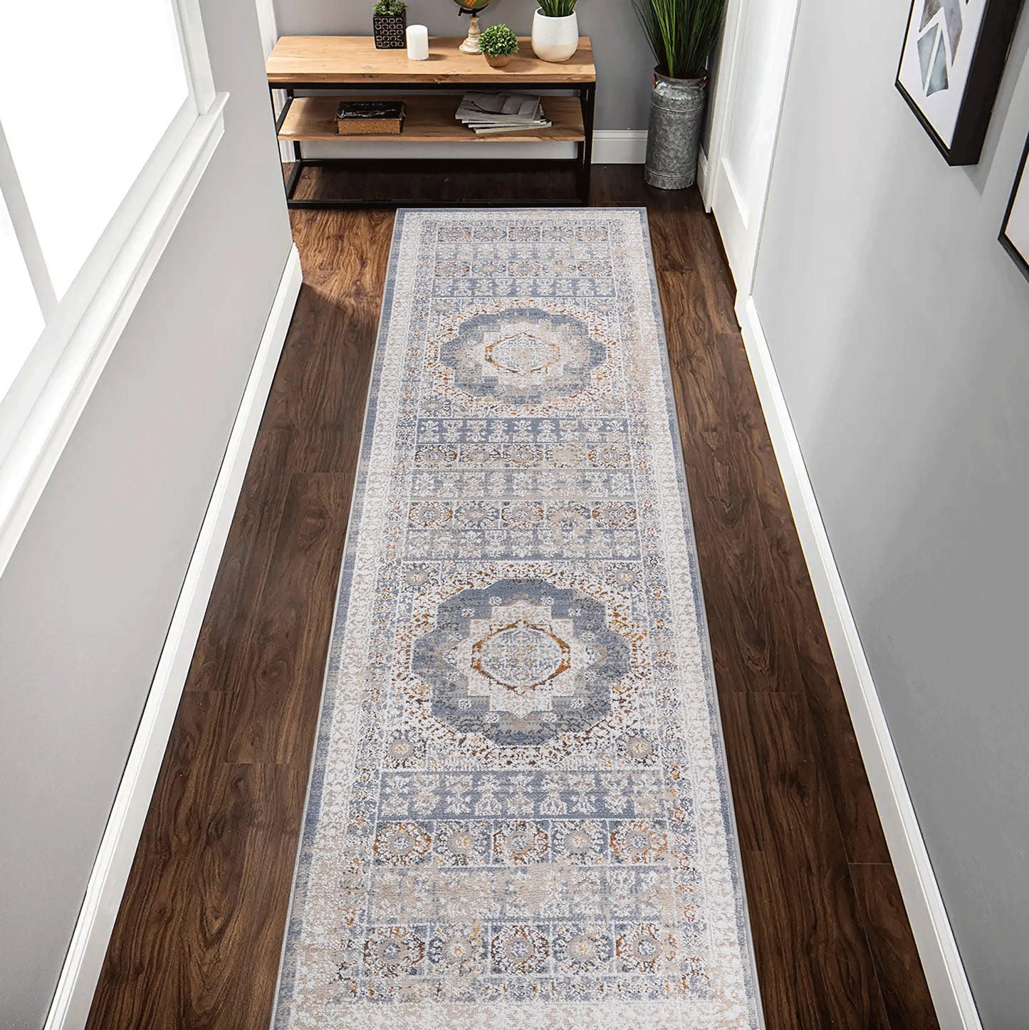 PAYAS 2X8 Blue Ivory Medallion Runner Rug
