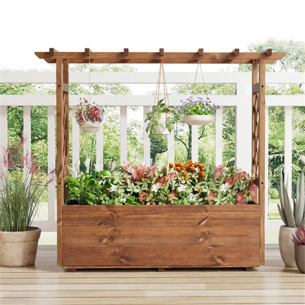 Natural Pine Wood Raised Garden Bed with Hanging Roof - Outdoor Planting