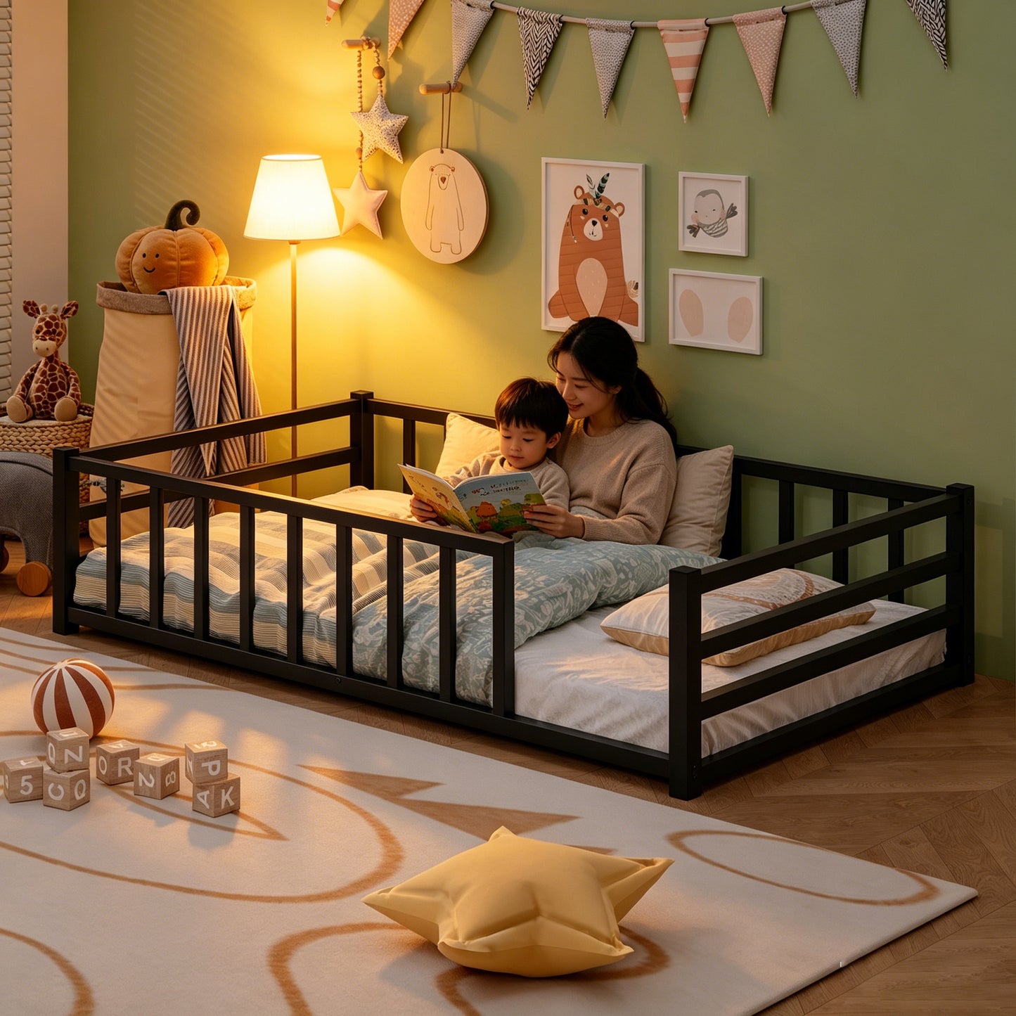 Twin Size Metal Platform Bed Frame with Guardrails - Black