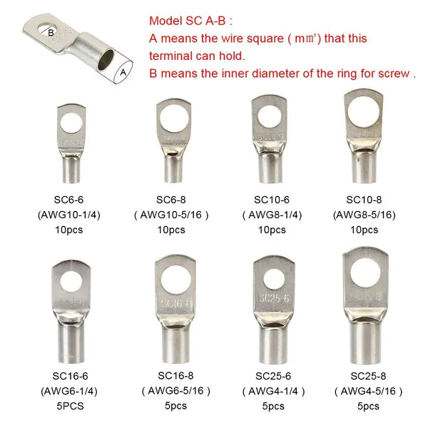 Copper Terminal Crimping Pliers Set with Assorted Ring Terminals - 60 pcs