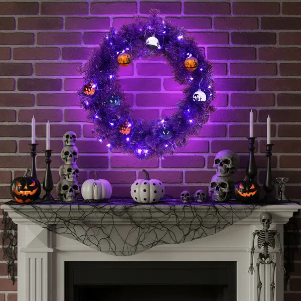 24-Inch Halloween-Themed Christmas Wreath with LED Lights