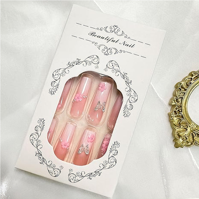 24-Piece Flower Butterfly Press-On Nails - Long Square Pink Fake Nail Set