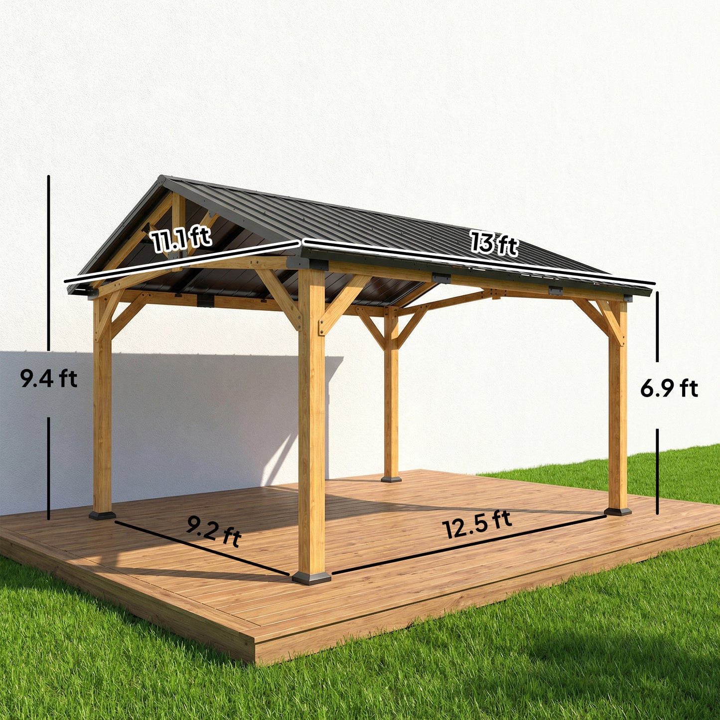 Hardtop Gazebo Canopy with Metal Roof & Fir Wood Frame - Black Gray