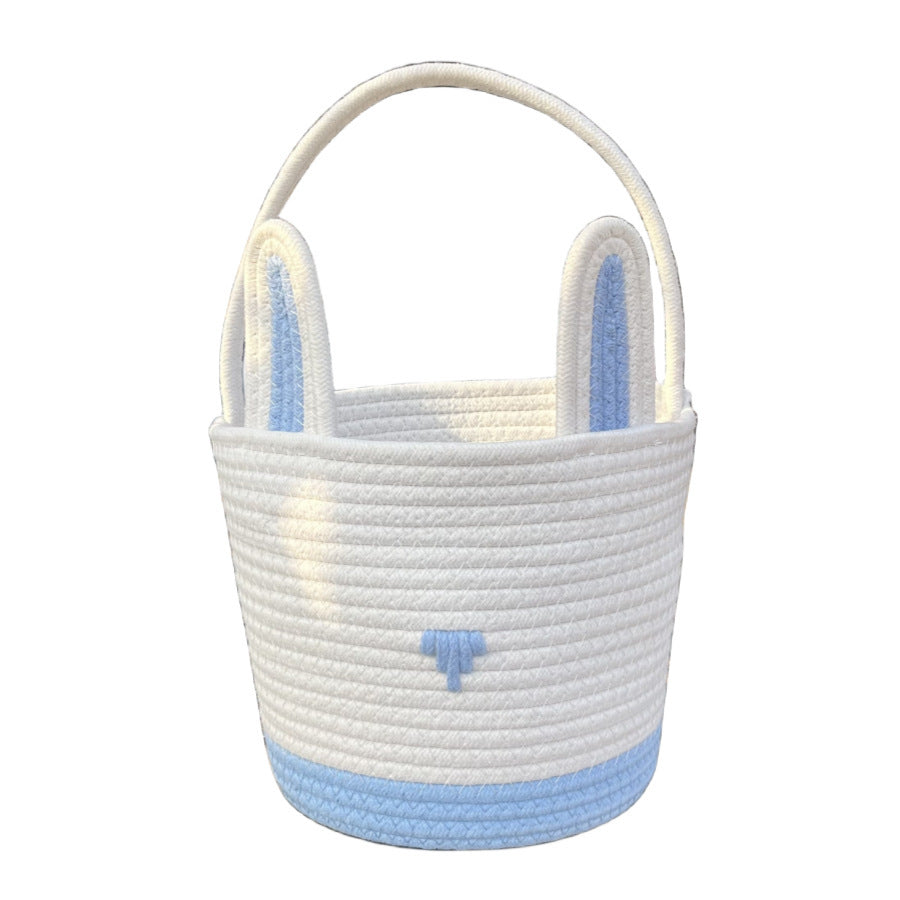 Easter Egg Handwoven Cotton Basket with Cartoon Rabbit Design – Multi-Color Storage Bag