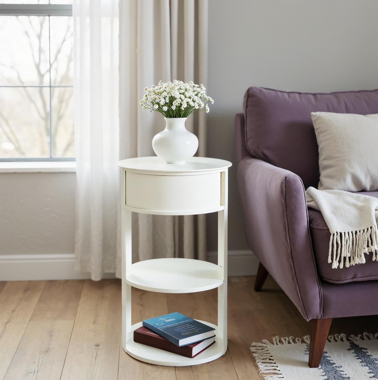 Indoor 3-Tier Metal Round Side Table With Sliding Door Cabinet, Matte