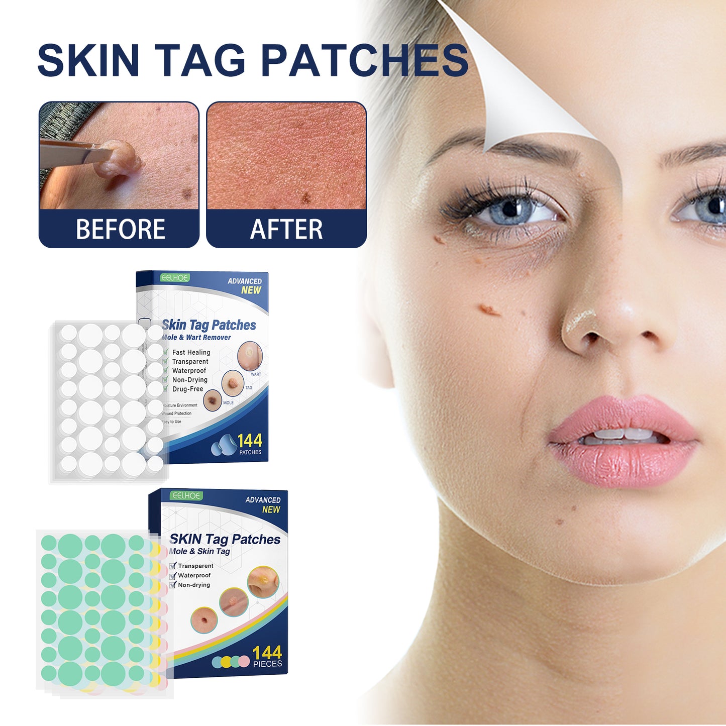 Skin Smoothing Patches 144PCS for Skin Tag & Mole Removal - 36PCS x 4 Sheets