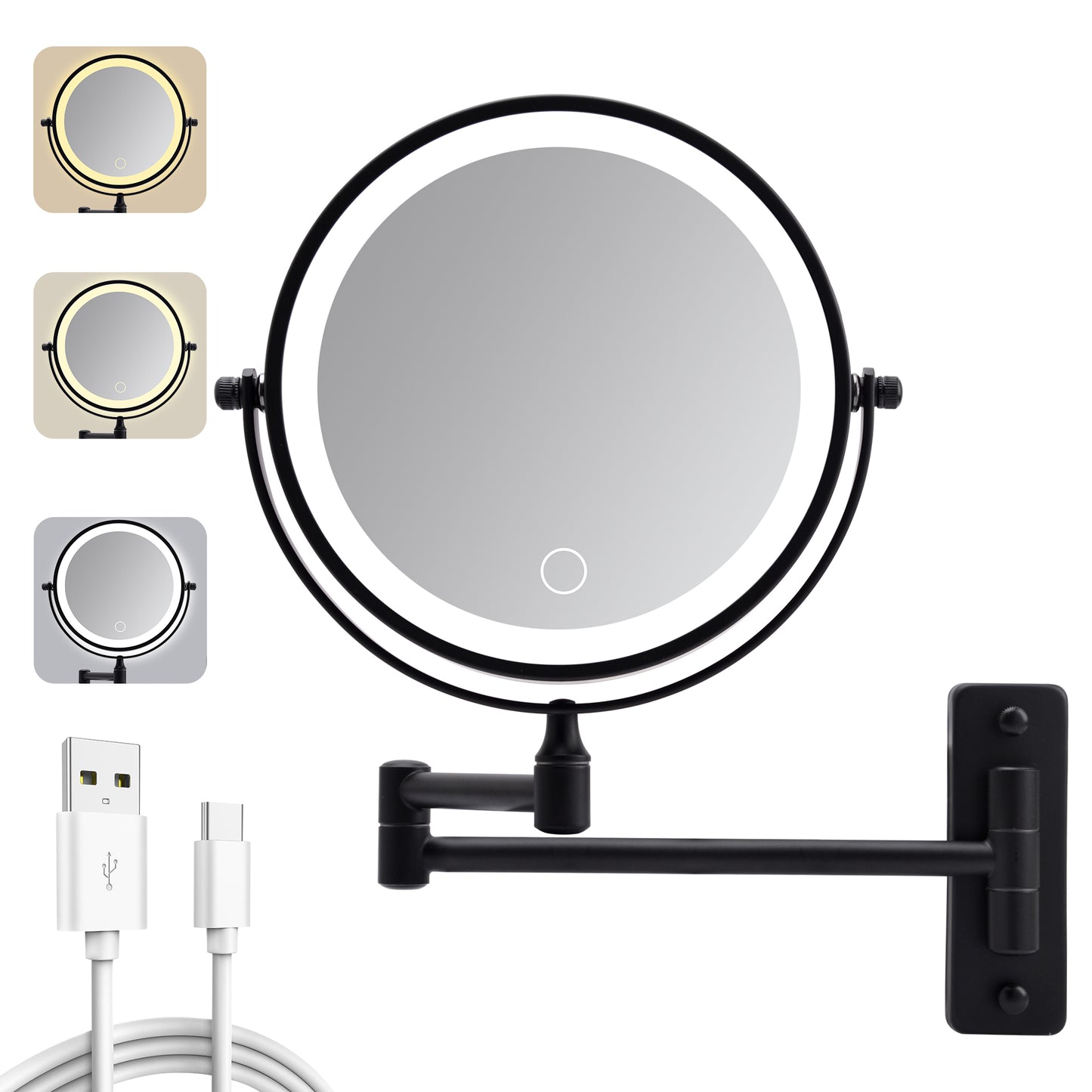 Wall Mounted Lighted Makeup Mirror - 1X/10X Magnification, Rechargeable, Touch Dimmable, 3 Color Lights, Black