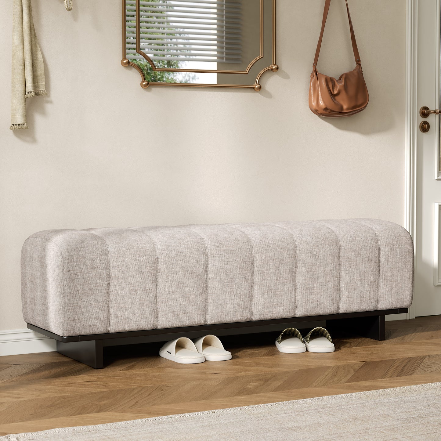 Indoor Dining Bench - Oatmeal Chenille Fabric with Rubber Wood Legs