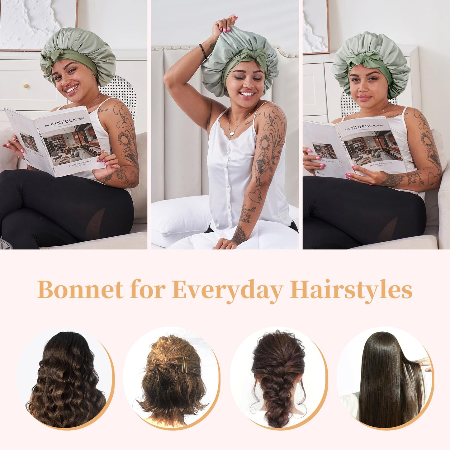 Satin Silk Hair Bonnet for Sleeping - Adjustable Double Layer Hair Wrap