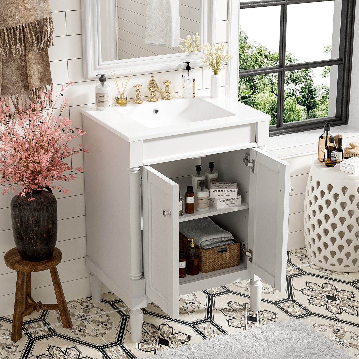 24-Inch Modern Bathroom Vanity with Ceramic Sink & Storage Cabinet