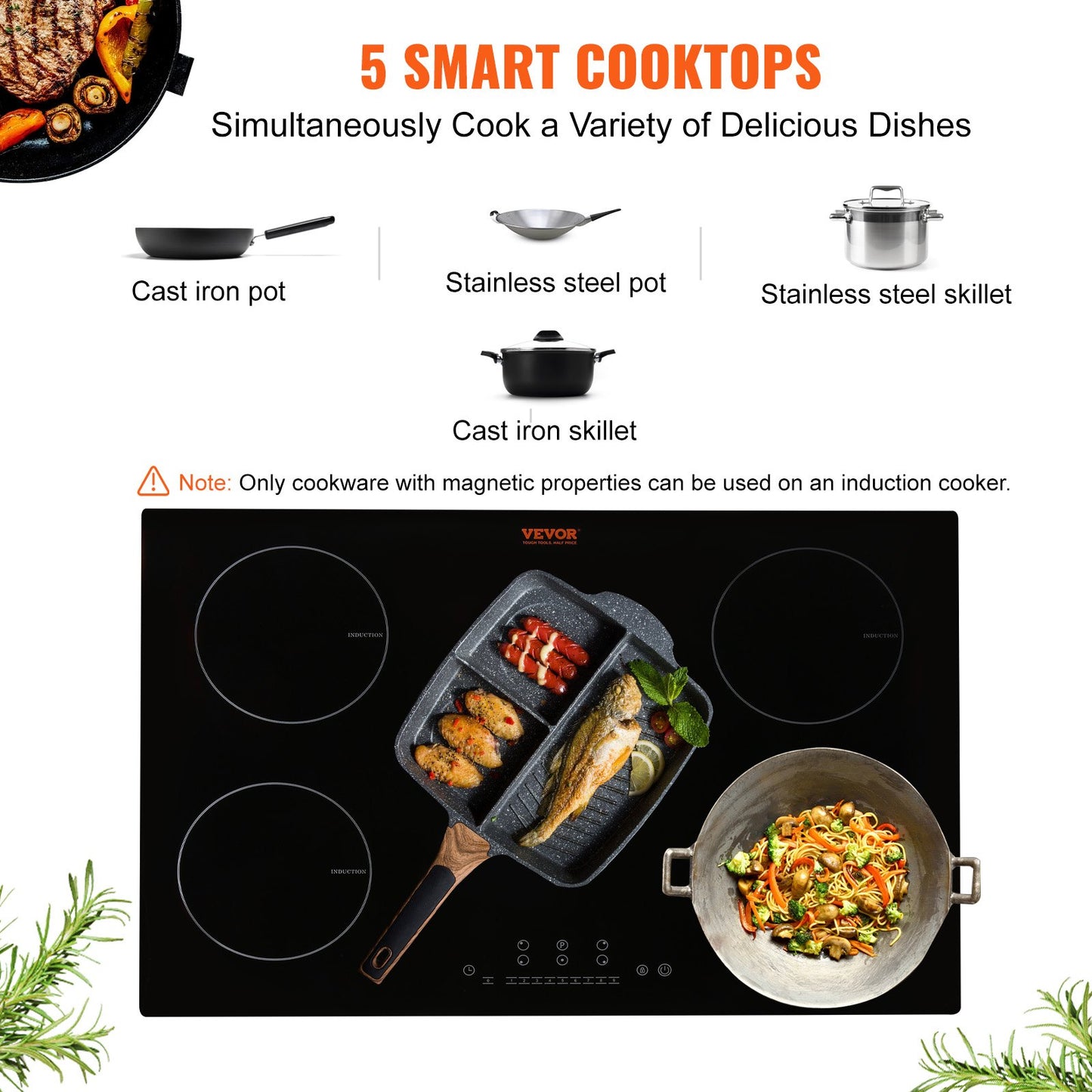 5-Burner 36-Inch Induction Cooktop with Touch Control, Child Lock & Overheat Protection