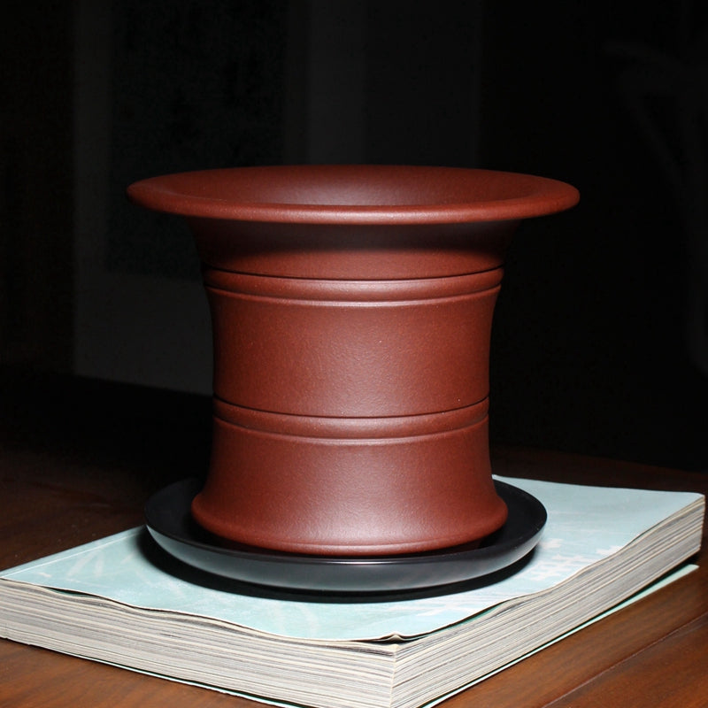 Exquisite Double-Lined Bamboo-Shaped Orchid Pot with Optional Tray - Purple Clay