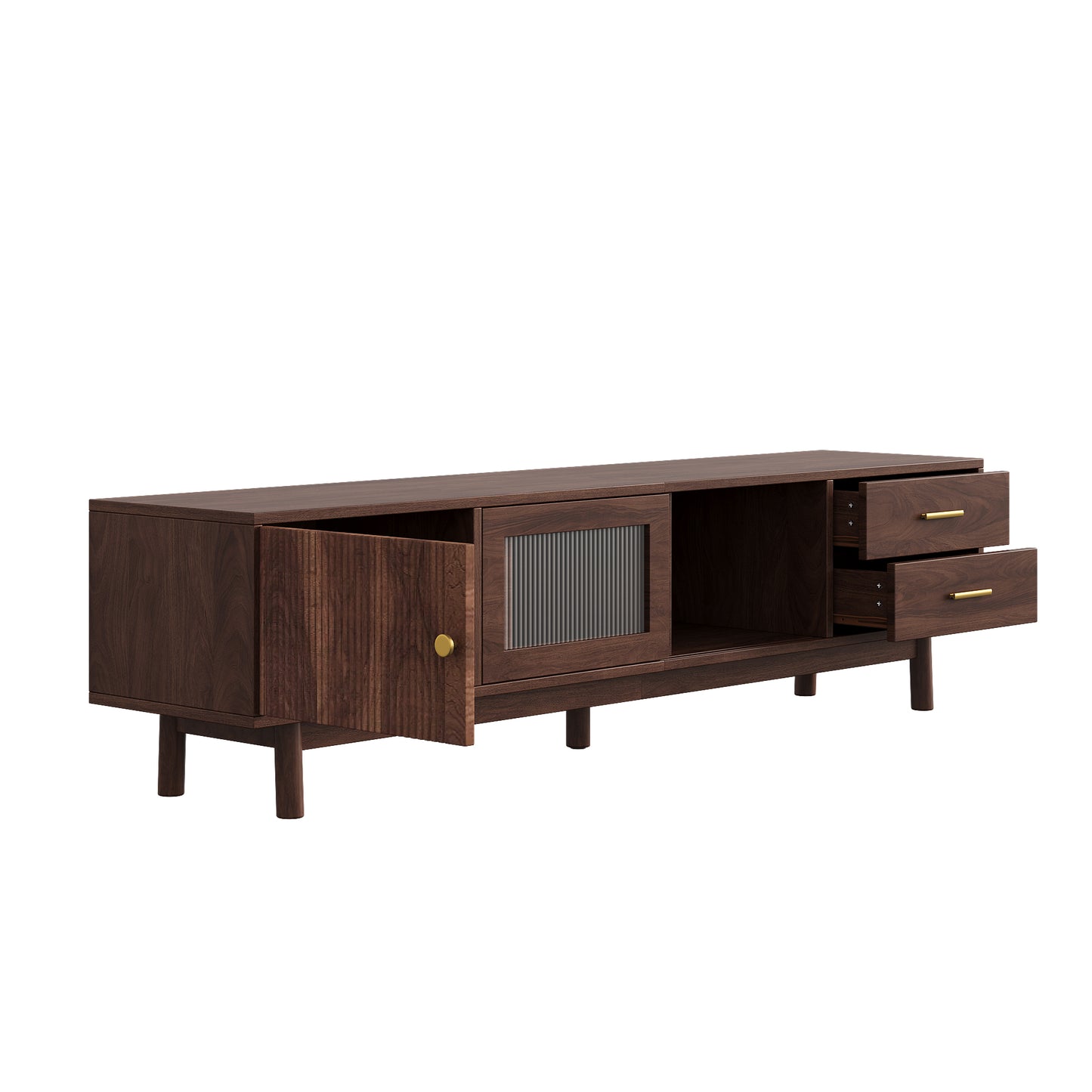 70-Inch Mid Century Modern TV Stand with Glass Sliding Doors