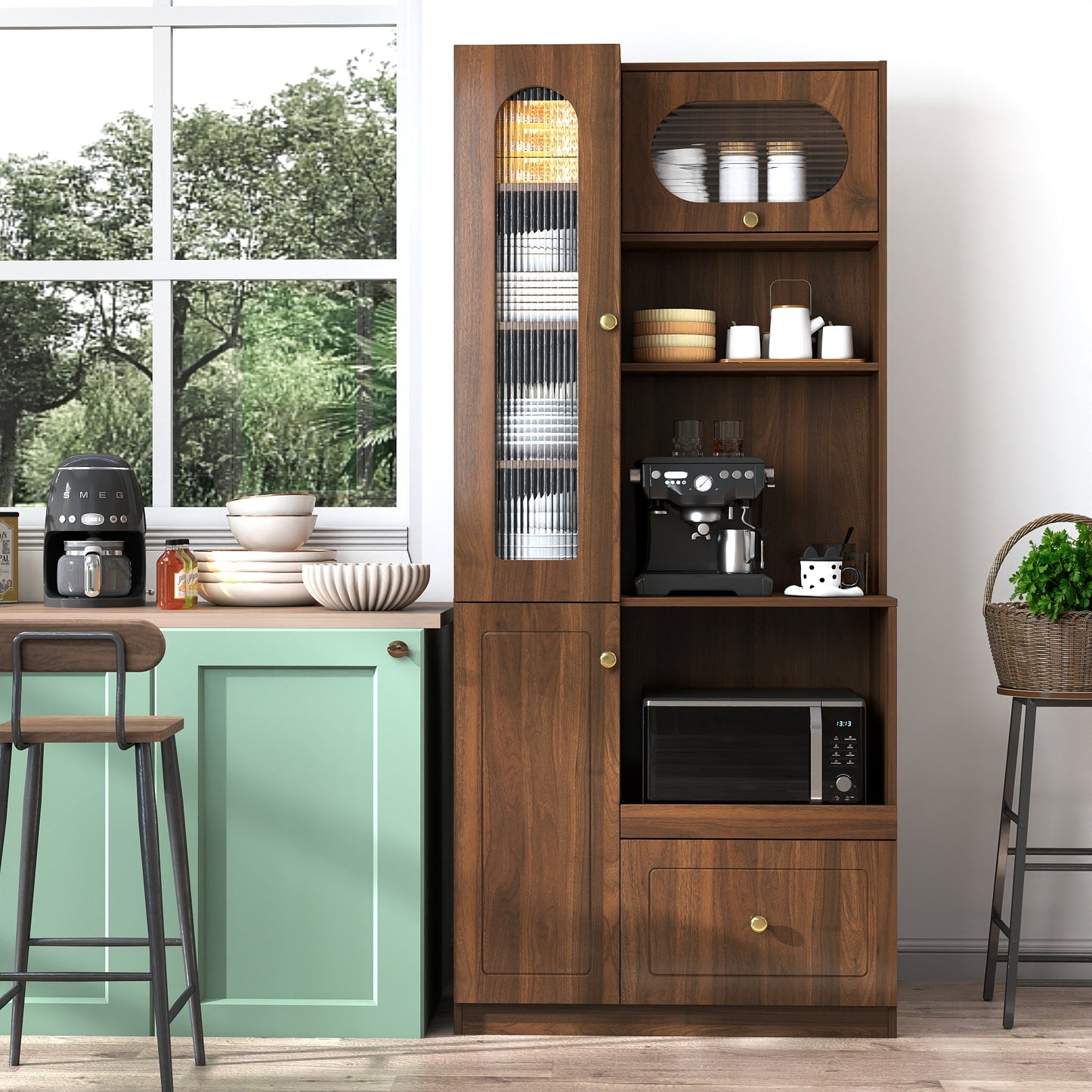 Walnut Kitchen Pantry Cabinet with Multi-Tier Storage Shelf
